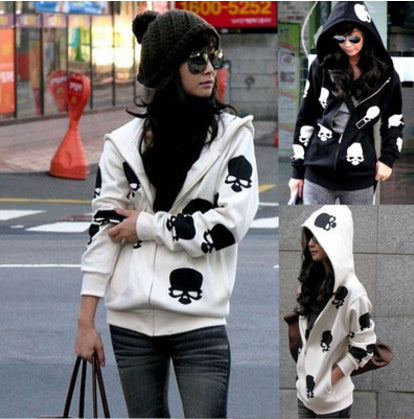 Women's Skull Zipper Sweater Hooded Cardigan Casual Hoodies